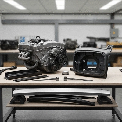 Classic Ford Mustang car parts laid out on a clean workbench, ready for restoration, with a clear focus on the engine and body panels. Clean professional photography, no text, no words, no typography, 8K, natural lighting