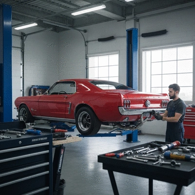 Mechanic installing a performance exhaust system on a Ford Mustang, clean garage, no text, no words, no typography, 8K, natural lighting