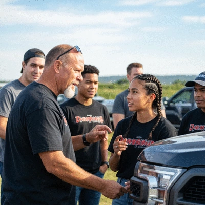 Group of Ford F-150 enthusiasts gathered around a truck