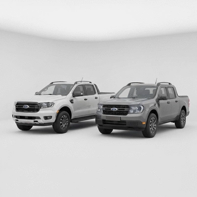 Ford Ranger and Maverick trucks parked side-by-side on a clean, bright background, showcasing their distinct sizes and designs.