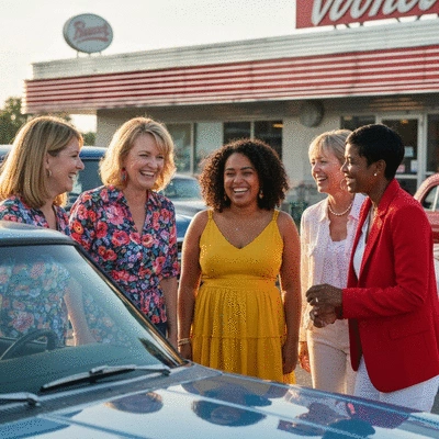 Diverse group of women gathered around a Ford vehicle at an outdoor car meet, laughing and interacting, in a community setting