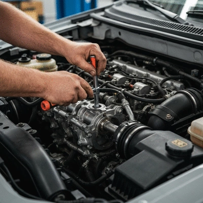 Close-up of a mechanic's hands adjusting an engine part in a Ford truck engine bay, representing tuning and reliability