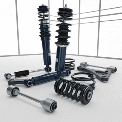 Detailed close-up of Ford suspension components like shock absorbers and springs.