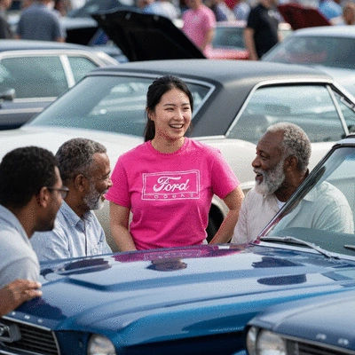 Diverse group of Ford enthusiasts gathered around a classic Ford car at a car show, interacting and sharing stories, bright outdoor lighting, no text, no words, no typography, 8K
