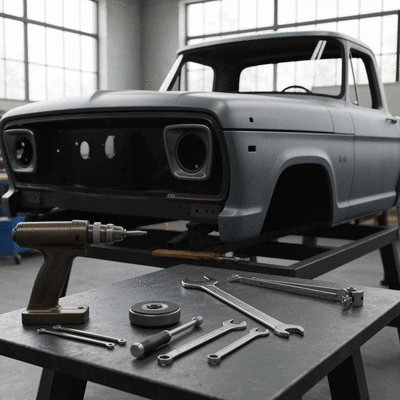 Detailed shot of a classic Ford F-100 undergoing restoration, showing tools and parts