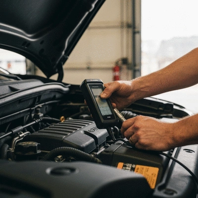 Mechanic calibrating a Ford F-150 engine