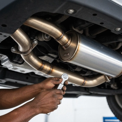 Mechanic installing a performance exhaust system on a Ford vehicle, close-up on the exhaust pipes and muffler