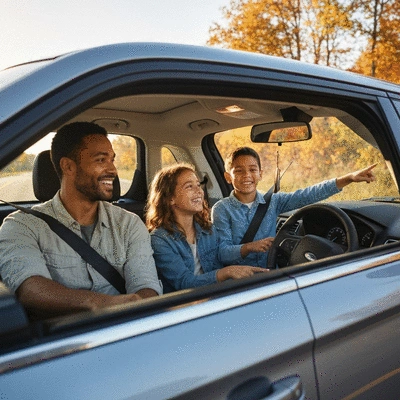 Young family enjoying a Ford SUV on a road trip