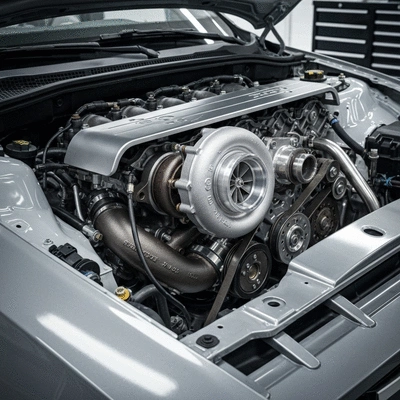 Close-up of a high-performance turbocharger installed in a Ford EcoBoost engine bay
