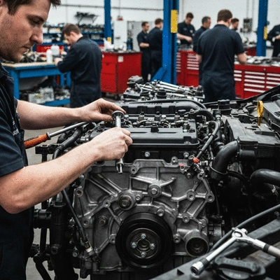 Close-up of hands working on a Ford engine with tools, surrounded by other enthusiasts in a workshop setting, focused and collaborative atmosphere, no text, no words, no typography, 8K