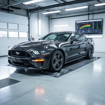 Mustang GT on a dyno machine, showing performance data