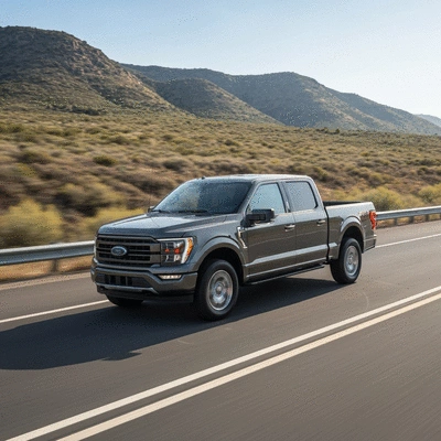 2026 Ford F-150 driving on a scenic highway, no text, no words, no typography, clean image