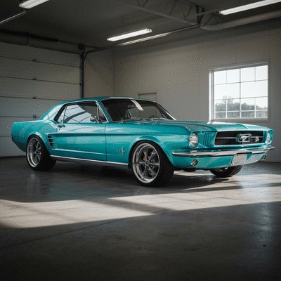 Classic Ford Mustang with custom paint job and performance wheels, parked in a garage, no text, no words, no typography, clean image