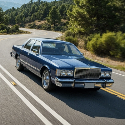 Ford Crown Victoria classic car driving on a scenic road