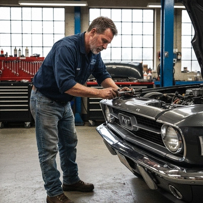 Mechanic working on a Ford vehicle with aftermarket parts, emphasizing careful modification