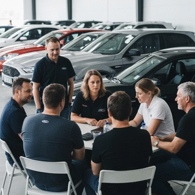 Group of Ford enthusiasts discussing tuning at a car meetup, clear, high-resolution, no text, no words, no typography, clean image