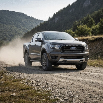 A Ford Ranger driving through a rugged, natural landscape, emphasizing adventure and outdoor lifestyle.