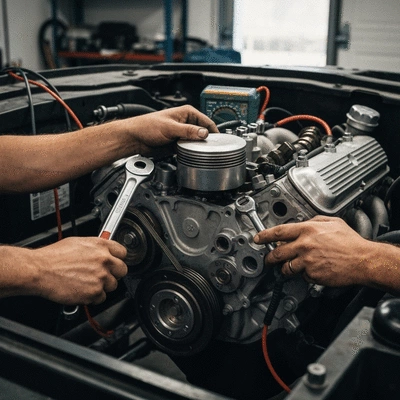 Close-up of hands working on a classic Ford engine, showing tools and mechanical details in a garage setting