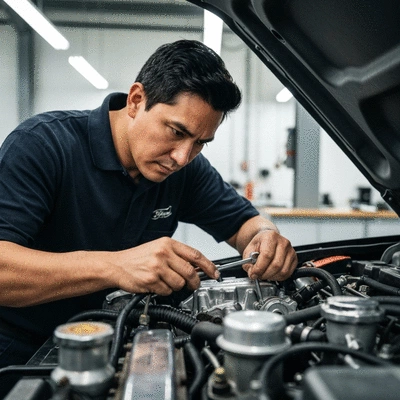 Mechanic inspecting a classic Ford engine with hand tools