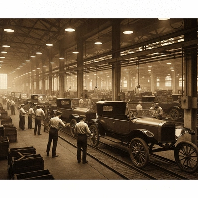 Historic Ford factory assembly line with Model T cars