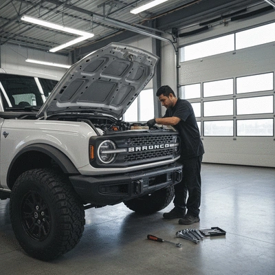 Mechanic working on a Ford Bronco engine for performance tuning