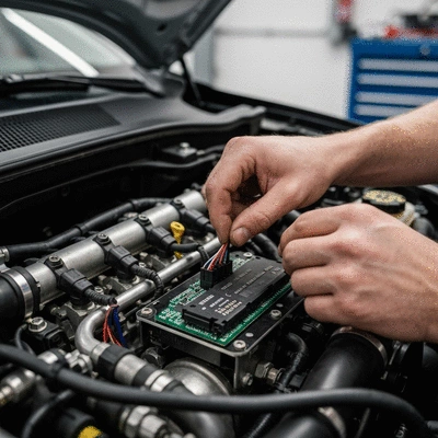 Close-up of a Ford performance chip being installed in an engine bay