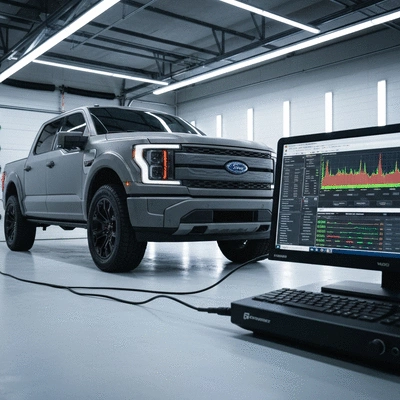 Ford F-150 Lightning being tuned on a diagnostic computer, showing performance graphs