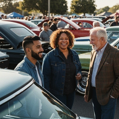 Diverse group of classic car enthusiasts gathered at a car show, admiring restored Ford vehicles