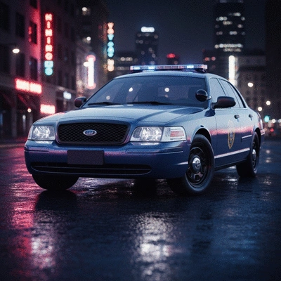 Modern police car with classic Crown Victoria design elements in a city setting