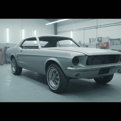 A vintage Ford Mustang being restored in a workshop, showing bodywork and painting process