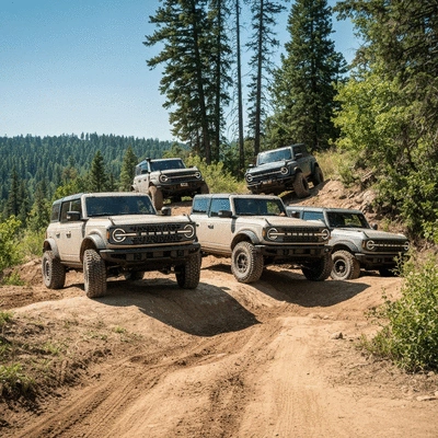Group of 2026 Ford Broncos on an off-road trail, community, friends, adventure, no text, no words, no typography, no labels, clean image