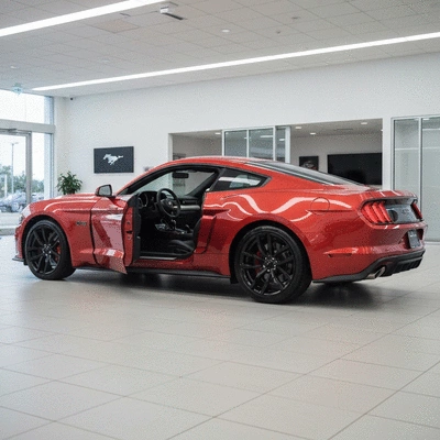 Modern car dealership showroom with a 2026 Ford Mustang on display, bright lighting, no text, no words, no typography, clean image