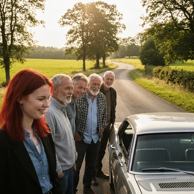 Vintage Ford Mustang parked on a scenic road, with a group of enthusiasts admiring it, no text, no words, no typography, clean image