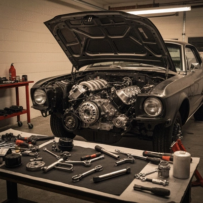 Detailed shot of a Ford car undergoing a transformation in a garage, with tools and disassembled parts around, focus on the car's partially upgraded engine, no text, no words, no typography, clean image