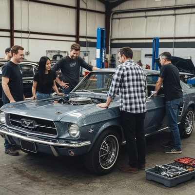 Diverse group of classic car enthusiasts gathered around a Ford Mustang at a local workshop, collaborating and sharing knowledge. Clean professional photography, no text, no words, no typography, 8K, natural lighting