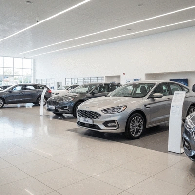 Modern Ford dealership interior with shiny new cars on display, no text, no words, no typography, 8K, clean image
