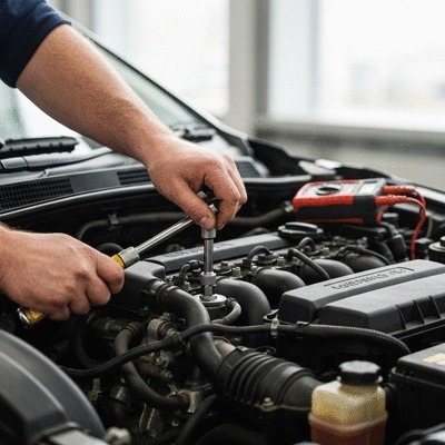 Mechanic working on a Ford car engine, close-up