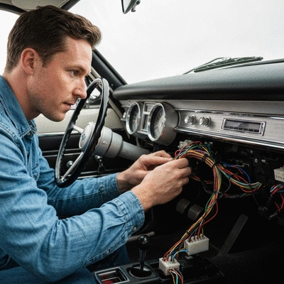 Person inspecting the electrical wiring of a classic Ford interior