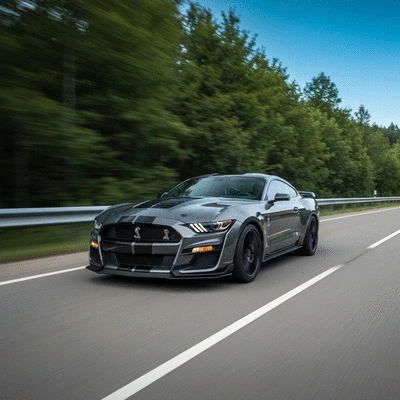 2026 Ford Mustang driving on a winding road, dynamic shot, no text, no words, no typography, clean image