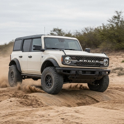 2026 Ford Bronco with HOSS 4.0 and Fox Live Valve suspension system, off-road, action shot, no text, no words, no typography, no labels, clean image