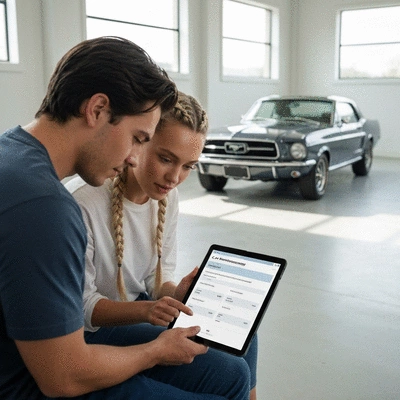 Young couple reviewing car maintenance checklist with a Ford vehicle in the background