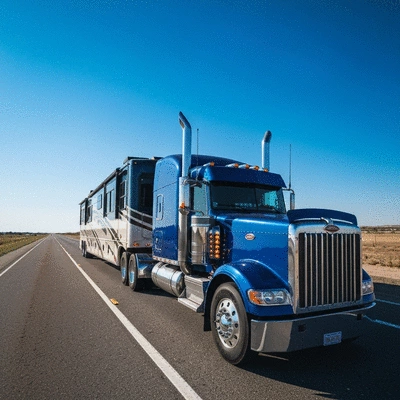 Ford truck towing a large travel trailer on a highway, with a focus on powerful performance