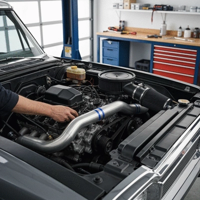Mechanic installing a cold air intake system in a Ford truck engine bay