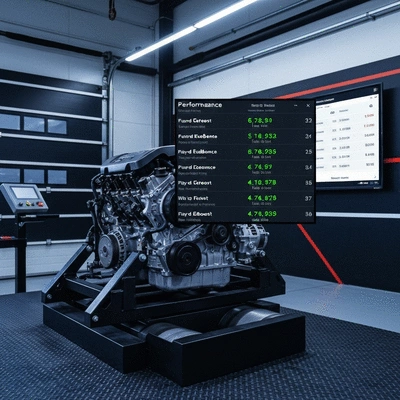 Ford EcoBoost engine on a dynamometer showing performance results data