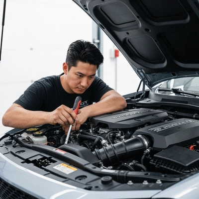 Mechanic working on a Mustang GT engine, highlighting tuning components