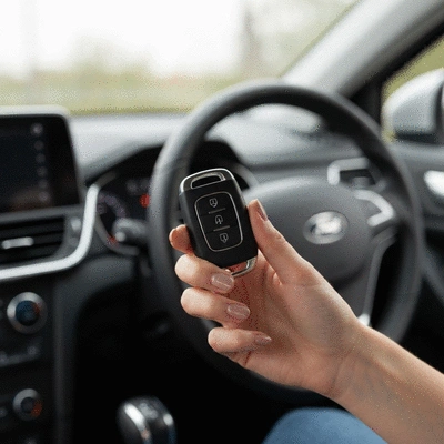 Ford car key in a woman's hand, clear focus on the key, blurred background of a modern car interior