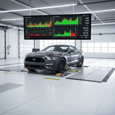 Ford vehicle on a dynamometer during performance testing, showing data on a screen