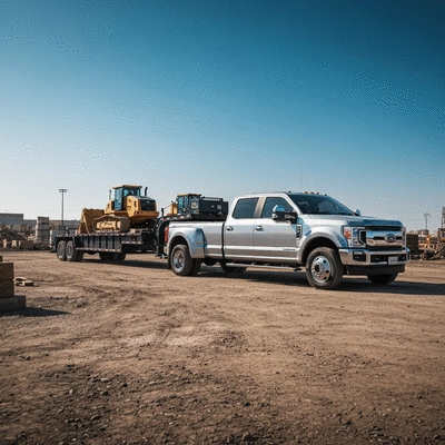 Ford Super Duty truck towing a large trailer, industrial setting, no text, no words, no typography, clean image