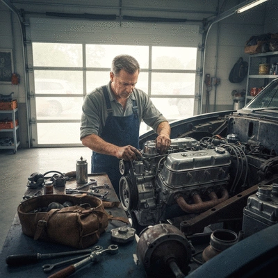 Mechanic working on a classic Ford engine in a garage, surrounded by vintage tools