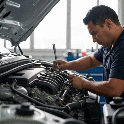 Mechanic working on a Ford engine with tuning tools, high-resolution, no text, no words, no typography, clean image